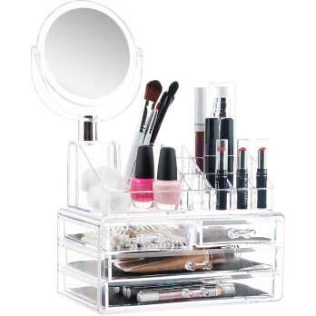 Acrylic makeup organizer with mirror