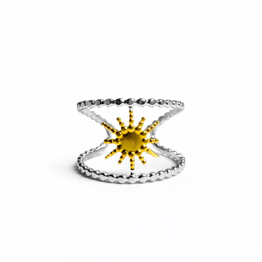 101281 Stainless steel ring silver and gold free size - sun