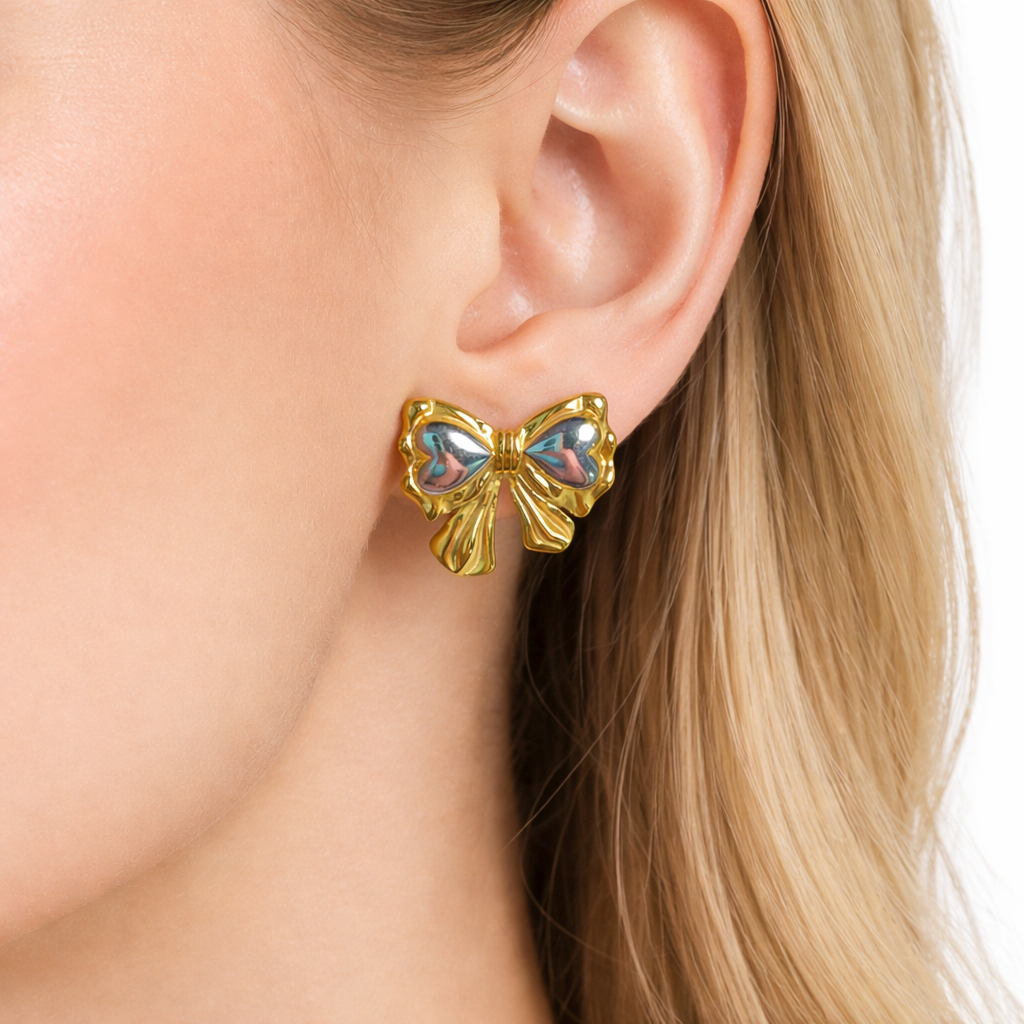 101315 (2) Stainless steel bow earrings silver and gold