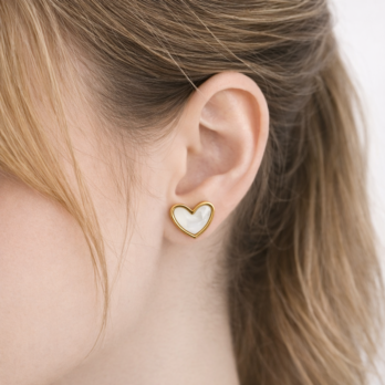 Stainless steel heart-shaped earrings with a gold-tone frame - white