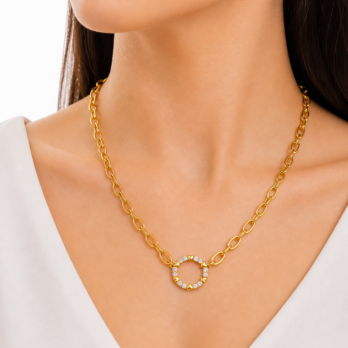 Stainless Steel Circle Necklace with Rhinestones and Hearts